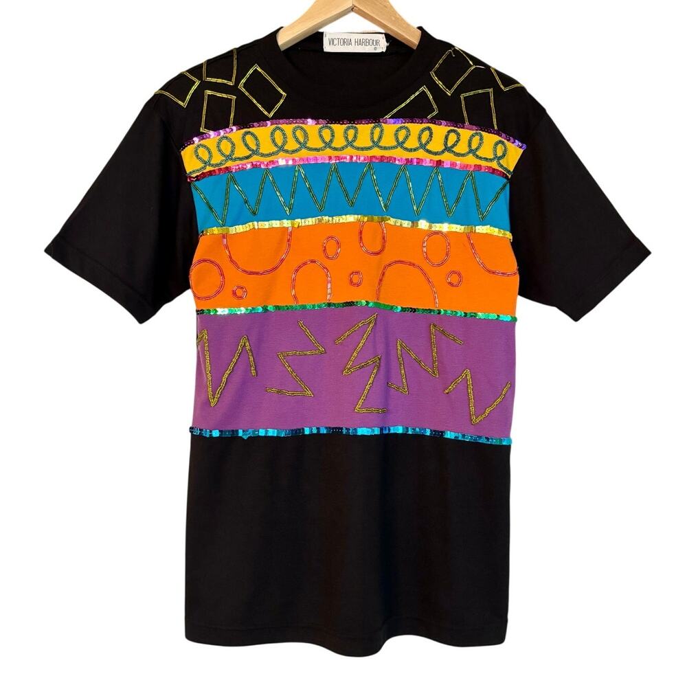 Vintage 80s 90s OOAK Colorful Stripe Sequin Beaded Black T-Shirt Size Medium